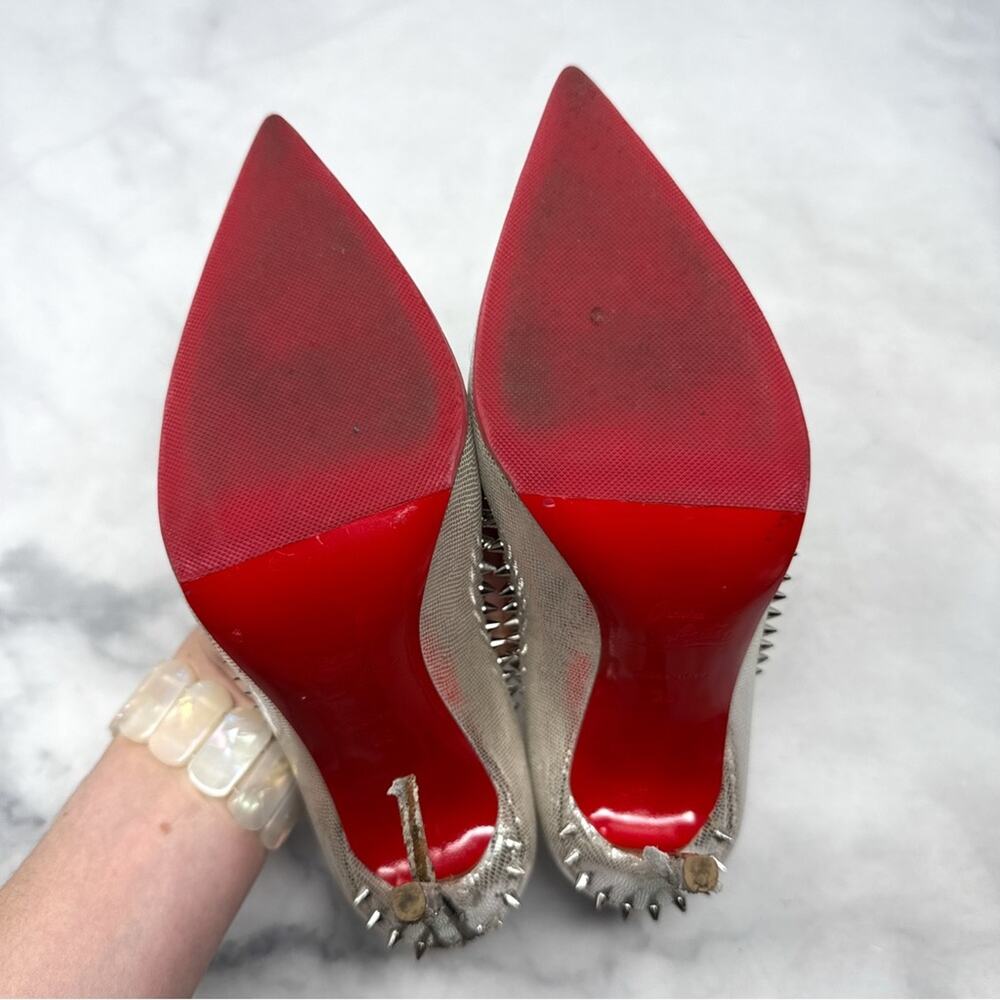Christian Louboutin Anjalina 100 Spike Stud Trim Chrome Pointed Toe Pumps Heels - Picture 9 of 13